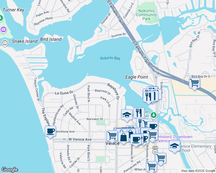 map of restaurants, bars, coffee shops, grocery stores, and more near 417 Baycrest Drive in Venice