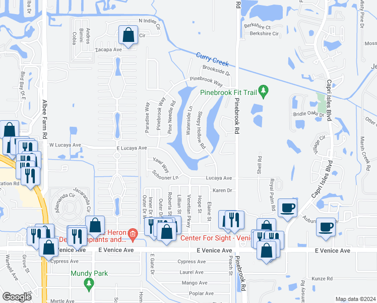 map of restaurants, bars, coffee shops, grocery stores, and more near 1213 Waterside Lane in Venice