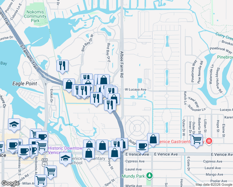 map of restaurants, bars, coffee shops, grocery stores, and more near 401 Johnson Lane in Venice