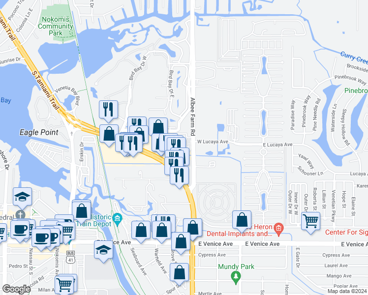 map of restaurants, bars, coffee shops, grocery stores, and more near 401 Johnson Lane in Venice