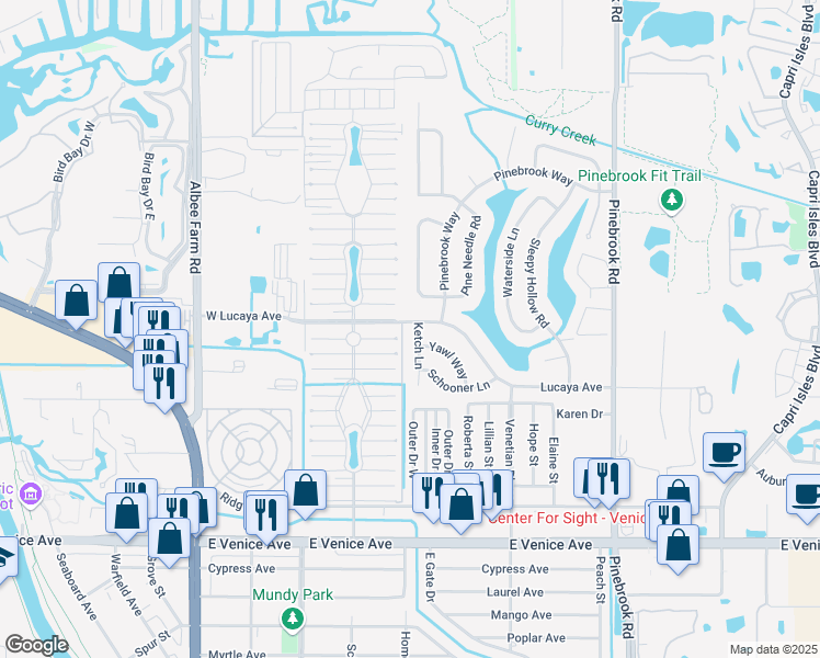 map of restaurants, bars, coffee shops, grocery stores, and more near 1201 Lucaya Avenue in Venice