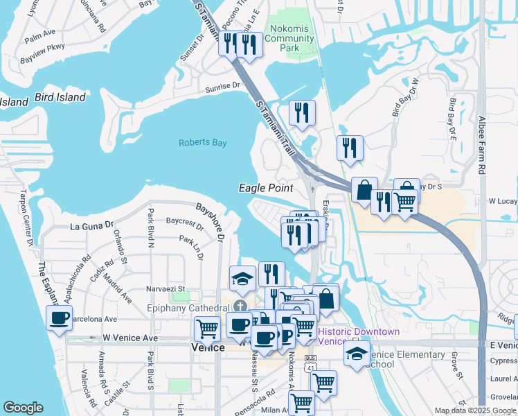 map of restaurants, bars, coffee shops, grocery stores, and more near 36 North Starboard Drive in Venice
