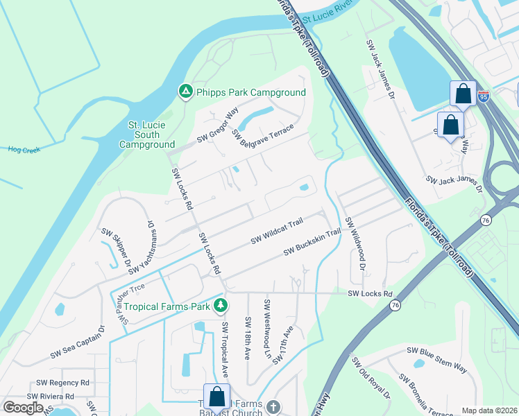 map of restaurants, bars, coffee shops, grocery stores, and more near 1554 Southwest College Street in Stuart
