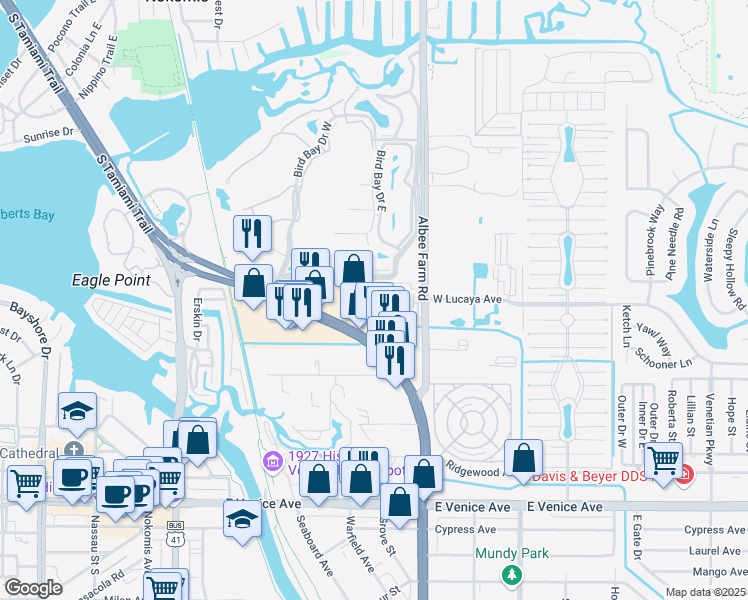 map of restaurants, bars, coffee shops, grocery stores, and more near 450 Venice Bypass in Venice