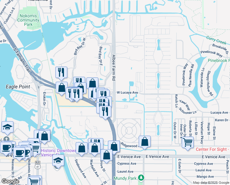 map of restaurants, bars, coffee shops, grocery stores, and more near Albee Farm Rd & W Lucaya Ave in Venice