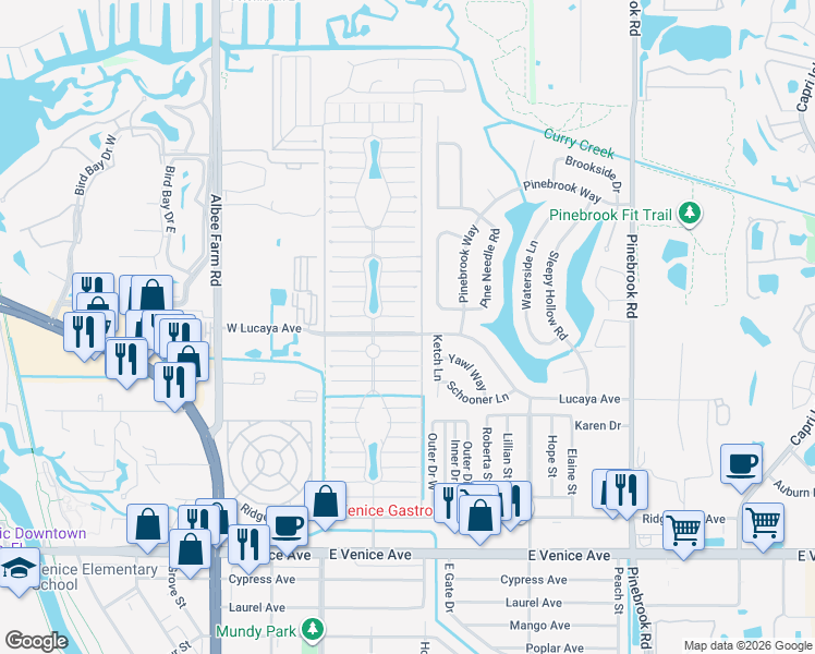 map of restaurants, bars, coffee shops, grocery stores, and more near 970 East Montego Avenue in Venice