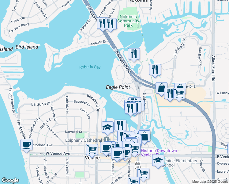 map of restaurants, bars, coffee shops, grocery stores, and more near 36 North Starboard Drive in Venice