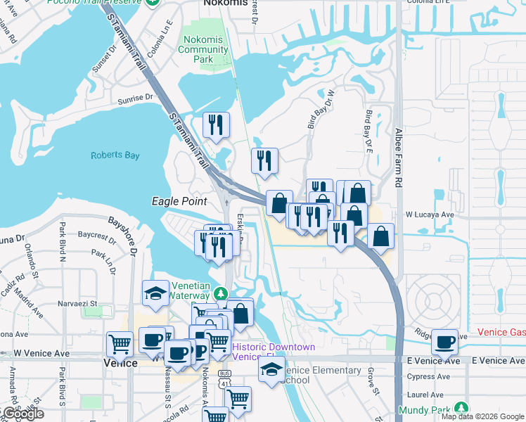 map of restaurants, bars, coffee shops, grocery stores, and more near 853 U.S. 41 Bypass in Venice