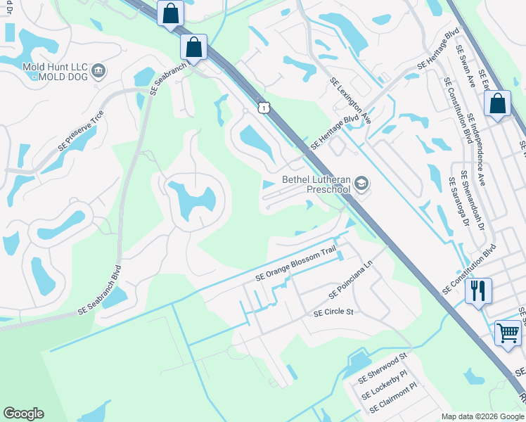 map of restaurants, bars, coffee shops, grocery stores, and more near 5950 Southeast Split Oak Trail in Hobe Sound