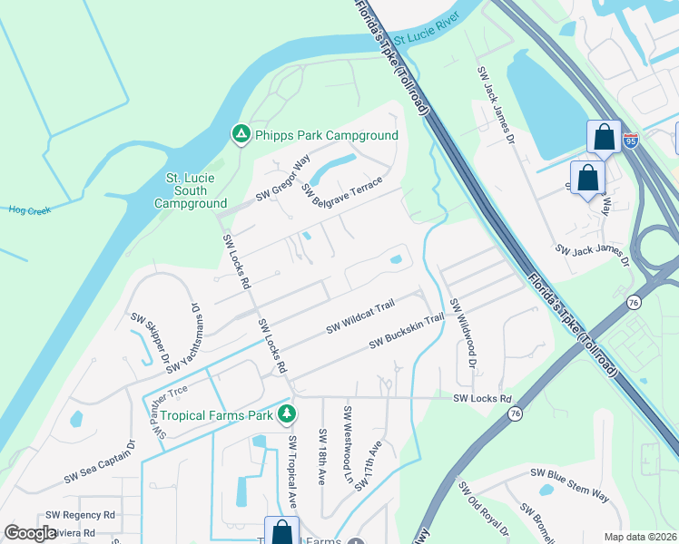 map of restaurants, bars, coffee shops, grocery stores, and more near 1554 Southwest College Street in Stuart