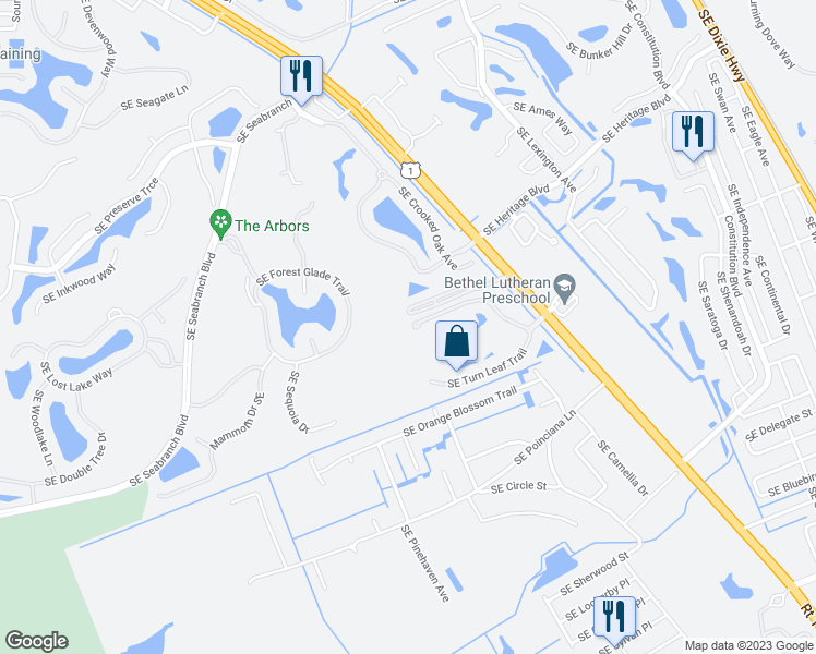 map of restaurants, bars, coffee shops, grocery stores, and more near 5950 Southeast Split Oak Trail in Hobe Sound