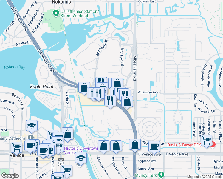 map of restaurants, bars, coffee shops, grocery stores, and more near 458 Venice Bypass in Venice