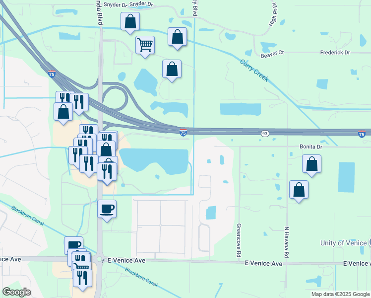 map of restaurants, bars, coffee shops, grocery stores, and more near 2624 Executive Drive in Venice