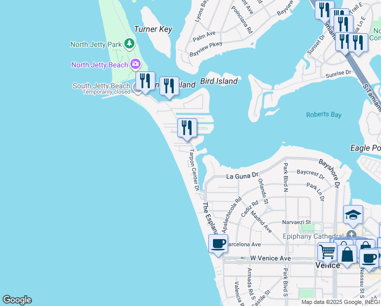 map of restaurants, bars, coffee shops, grocery stores, and more near 1200 Tarpon Center Drive in Venice