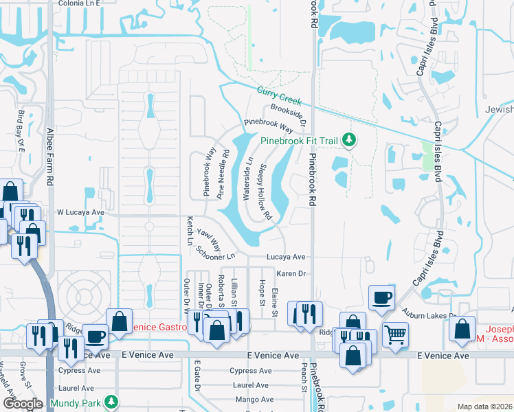 map of restaurants, bars, coffee shops, grocery stores, and more near 1221 Sleepy Hollow Road in Venice