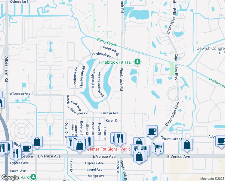 map of restaurants, bars, coffee shops, grocery stores, and more near 1125 Southlake Court in Venice