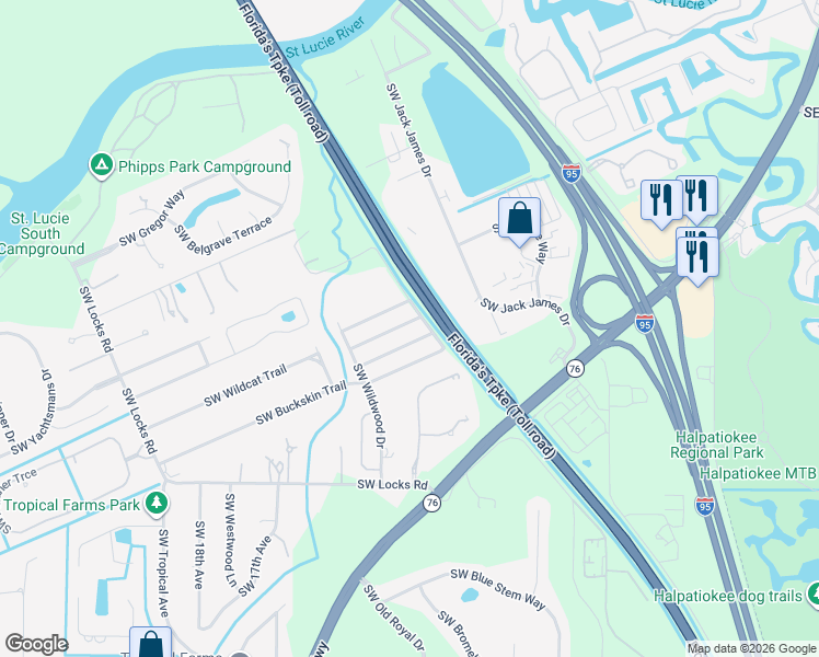 map of restaurants, bars, coffee shops, grocery stores, and more near 1184 Southwest Pinetree Trail in Stuart