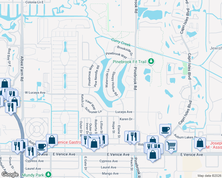 map of restaurants, bars, coffee shops, grocery stores, and more near 1221 Sleepy Hollow Road in Venice