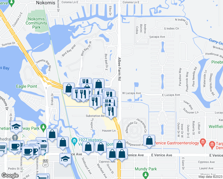 map of restaurants, bars, coffee shops, grocery stores, and more near 450 Venice Bypass in Venice