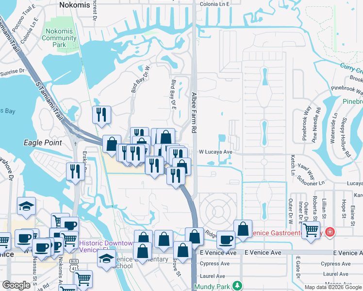 map of restaurants, bars, coffee shops, grocery stores, and more near 450 Venice Bypass in Venice