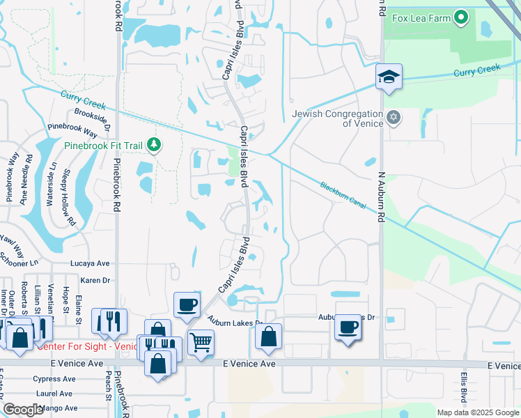 map of restaurants, bars, coffee shops, grocery stores, and more near 808 Capri Isles Boulevard in Venice
