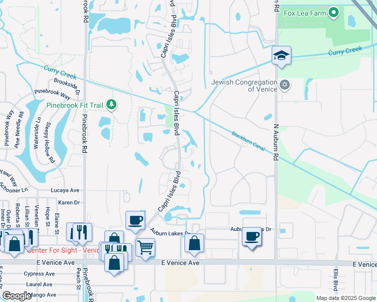 map of restaurants, bars, coffee shops, grocery stores, and more near 812 Capri Isles Boulevard in Venice