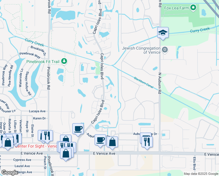 map of restaurants, bars, coffee shops, grocery stores, and more near 808 Capri Isles Boulevard in Venice