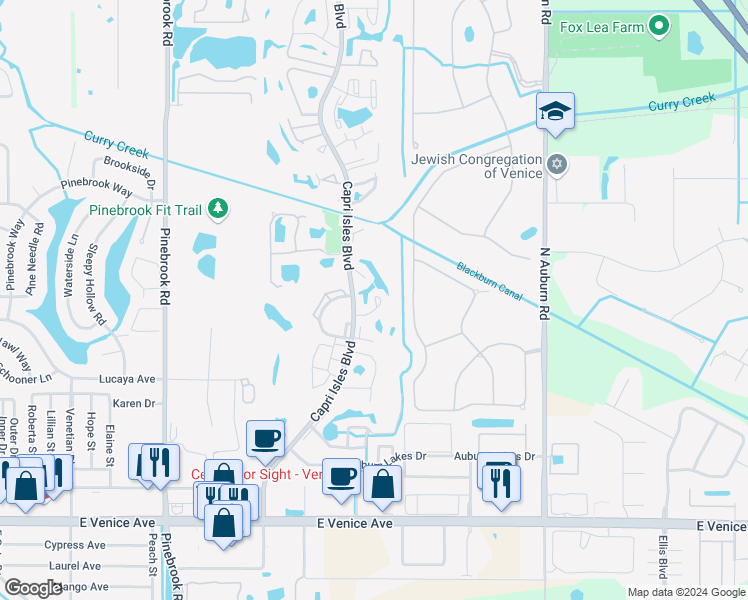 map of restaurants, bars, coffee shops, grocery stores, and more near 808 Capri Isles Boulevard in Venice