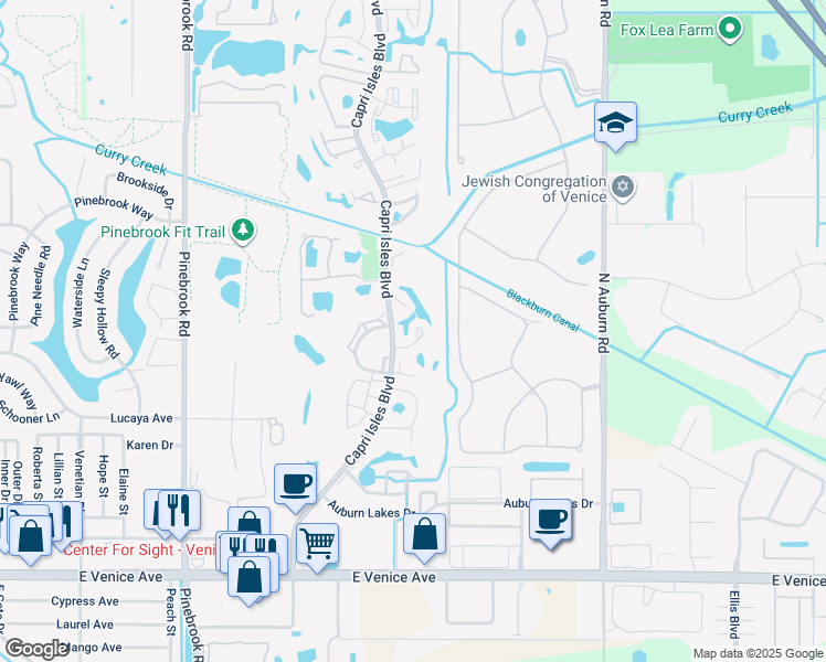map of restaurants, bars, coffee shops, grocery stores, and more near 808 Capri Isles Boulevard in Venice