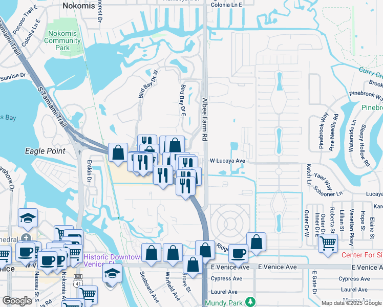 map of restaurants, bars, coffee shops, grocery stores, and more near 450 Venice Bypass in Venice