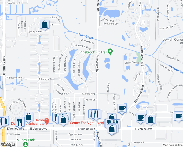 map of restaurants, bars, coffee shops, grocery stores, and more near 1125 Southlake Court in Venice