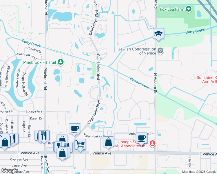 map of restaurants, bars, coffee shops, grocery stores, and more near 808 Capri Isles Boulevard in Venice