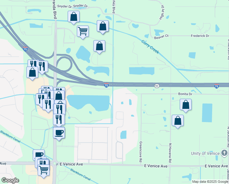 map of restaurants, bars, coffee shops, grocery stores, and more near 2600 Executive Drive in Venice