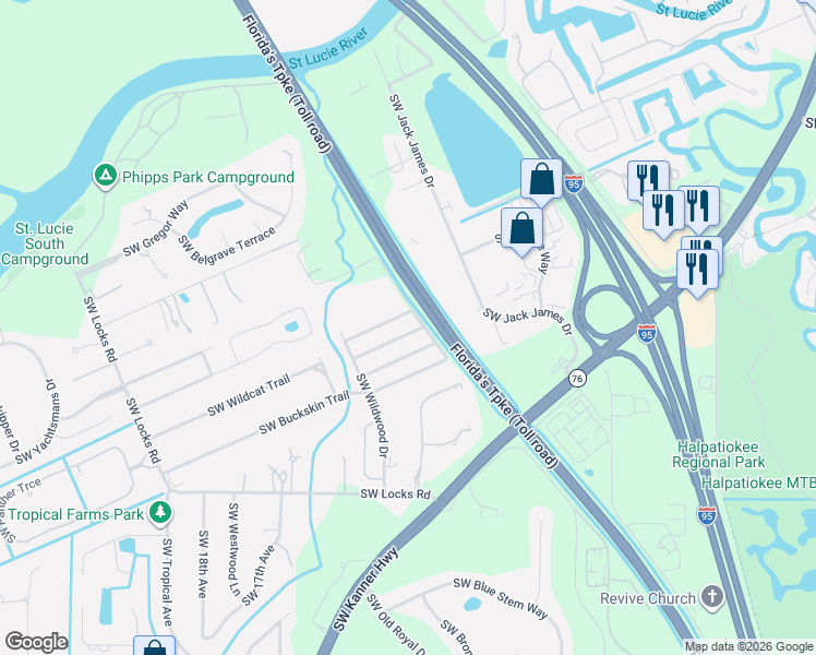 map of restaurants, bars, coffee shops, grocery stores, and more near 1184 Southwest Pinetree Trail in Stuart