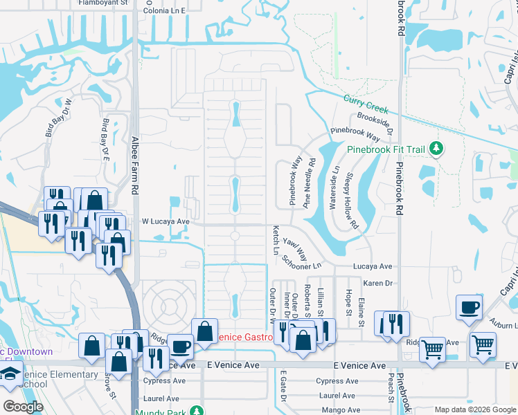 map of restaurants, bars, coffee shops, grocery stores, and more near 970 East Montego Avenue in Venice