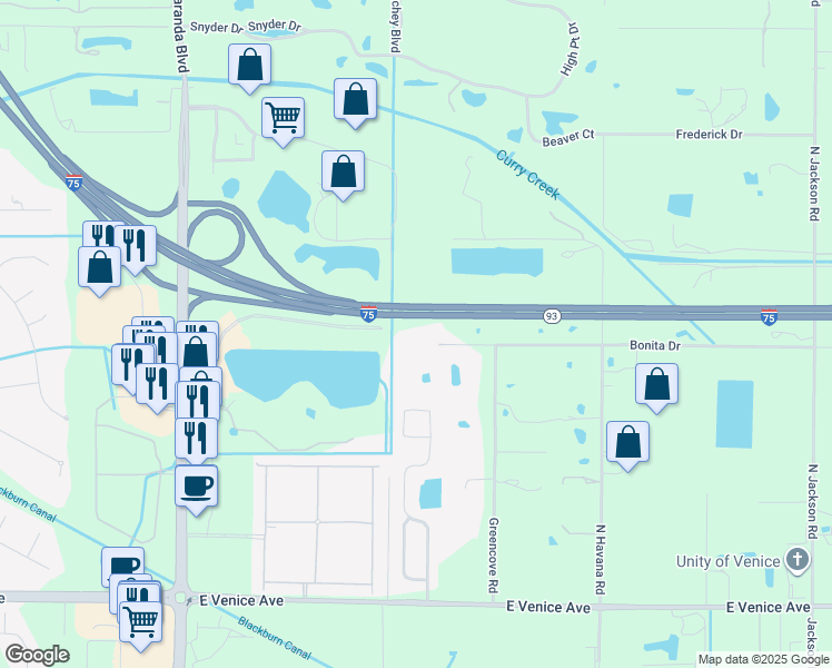 map of restaurants, bars, coffee shops, grocery stores, and more near 2604 Executive Drive in Venice
