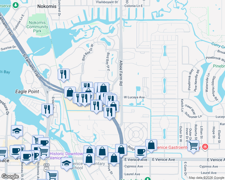 map of restaurants, bars, coffee shops, grocery stores, and more near 450 Venice Bypass in Venice