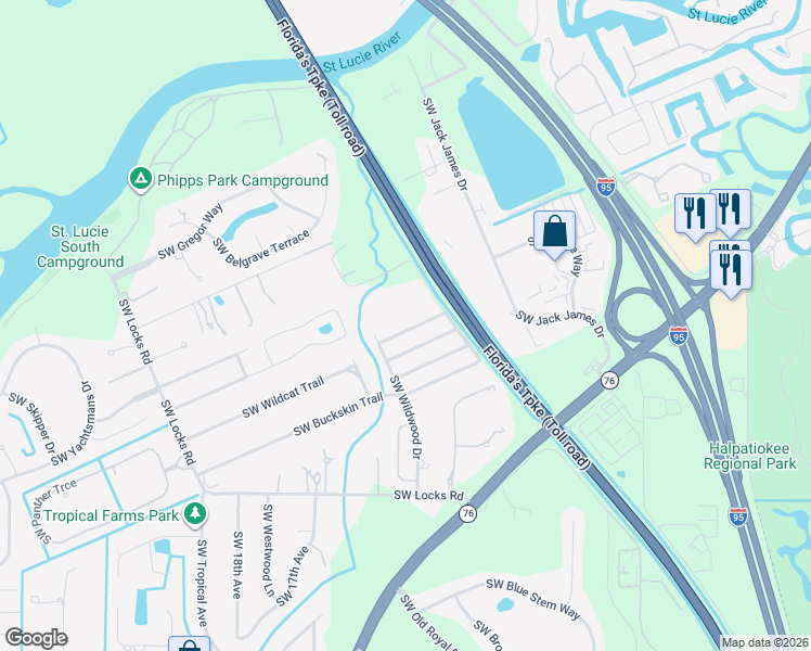map of restaurants, bars, coffee shops, grocery stores, and more near 1273 Southwest Pinetree Trail in Stuart