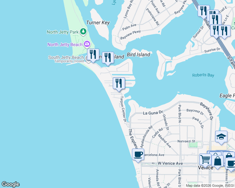map of restaurants, bars, coffee shops, grocery stores, and more near 1200 Tarpon Center Drive in Venice