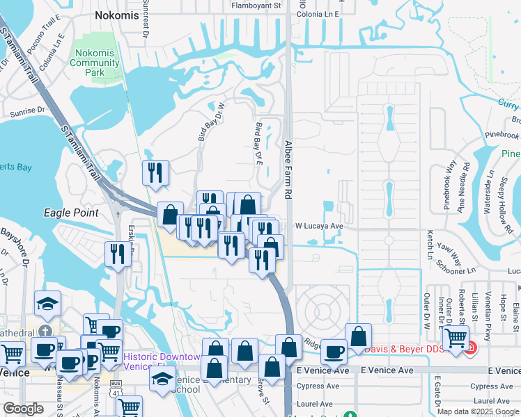 map of restaurants, bars, coffee shops, grocery stores, and more near 450 Venice Bypass in Venice