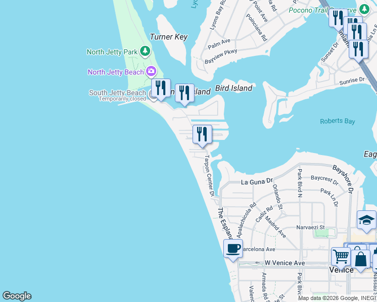 map of restaurants, bars, coffee shops, grocery stores, and more near 1255 Tarpon Center Dr in Venice