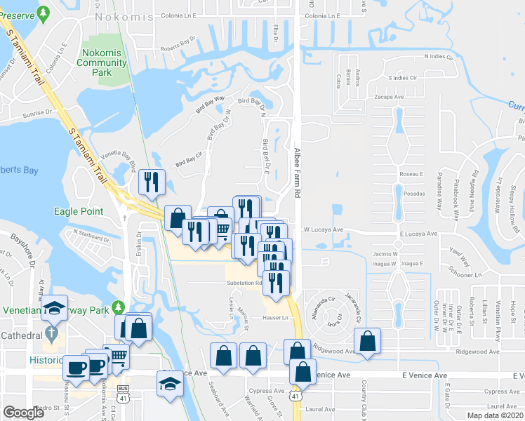 map of restaurants, bars, coffee shops, grocery stores, and more near 450 Venice Bypass in Venice
