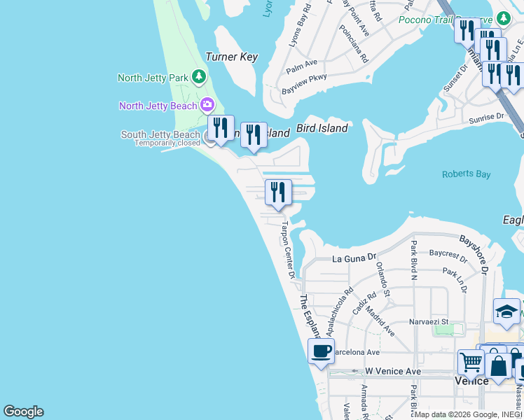 map of restaurants, bars, coffee shops, grocery stores, and more near 1325 Tarpon Center Drive in Venice