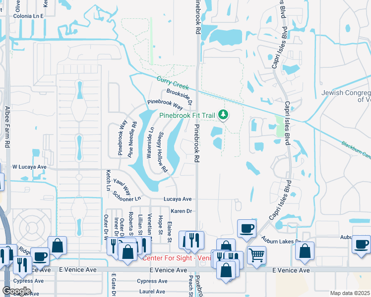map of restaurants, bars, coffee shops, grocery stores, and more near 1602 Pine Lake Drive in Venice