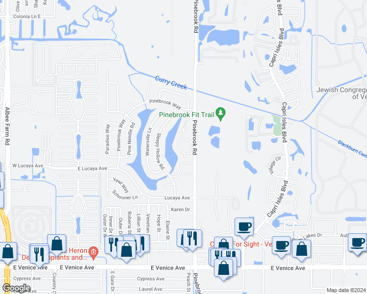 map of restaurants, bars, coffee shops, grocery stores, and more near 1305 Pine Lake Drive in Venice