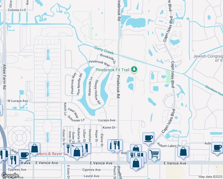 map of restaurants, bars, coffee shops, grocery stores, and more near 1602 Pine Lake Drive in Venice
