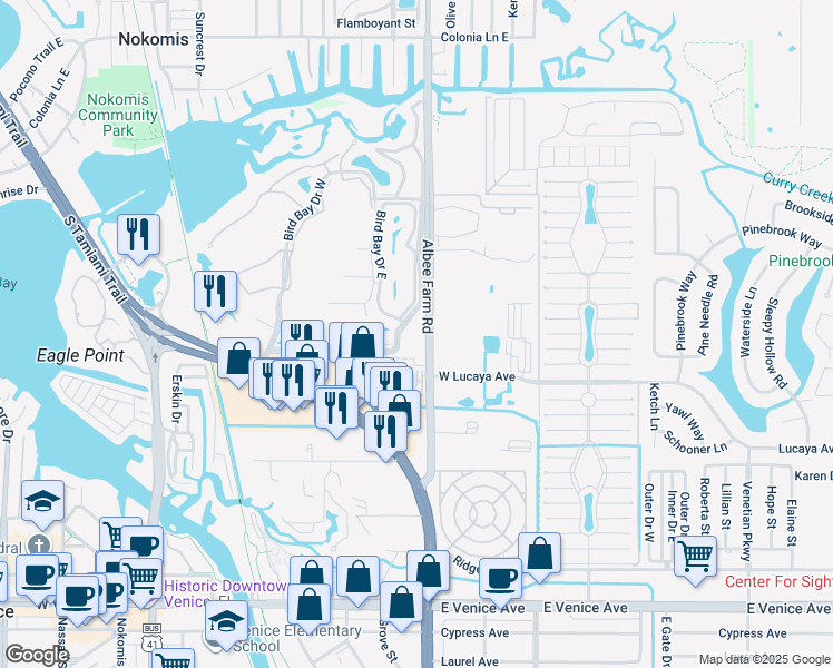 map of restaurants, bars, coffee shops, grocery stores, and more near 1051 Albee Farm Road in Venice