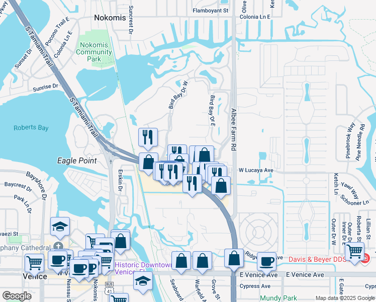 map of restaurants, bars, coffee shops, grocery stores, and more near 618 Bird Bay Drive South in Venice