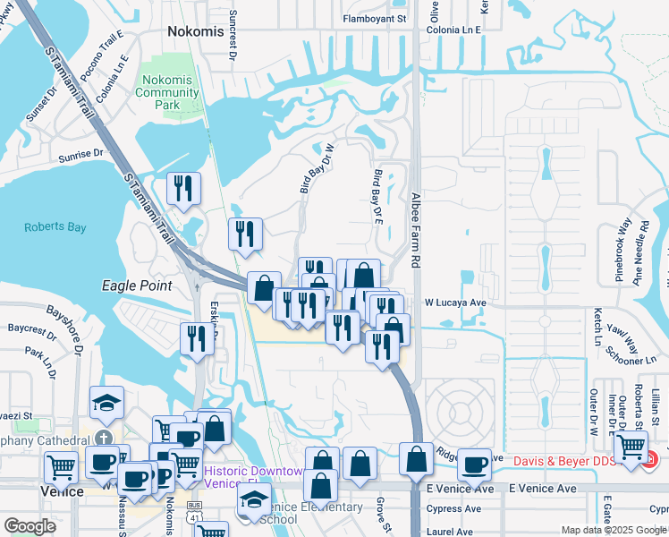 map of restaurants, bars, coffee shops, grocery stores, and more near 618 Bird Bay Drive South in Venice