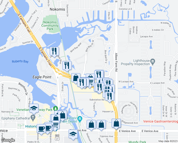 map of restaurants, bars, coffee shops, grocery stores, and more near 606 Bird Bay Drive South in Venice